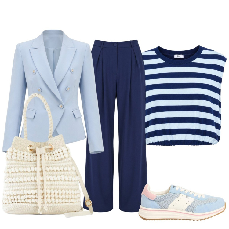 Outfit donna - In città. Stile Casual chic per Tutti i giorni. Abbinamento con sneakers, borse a secchiello, top, pantaloni a palazzo, blazer.