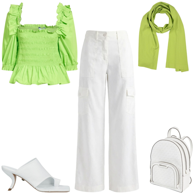 Outfit donna - Casual chic ufficio tempo libero. Stile Casual chic per Tutti i giorni. Abbinamento con sciarpe, zaini, top, ciabatte, pantaloni cargo.