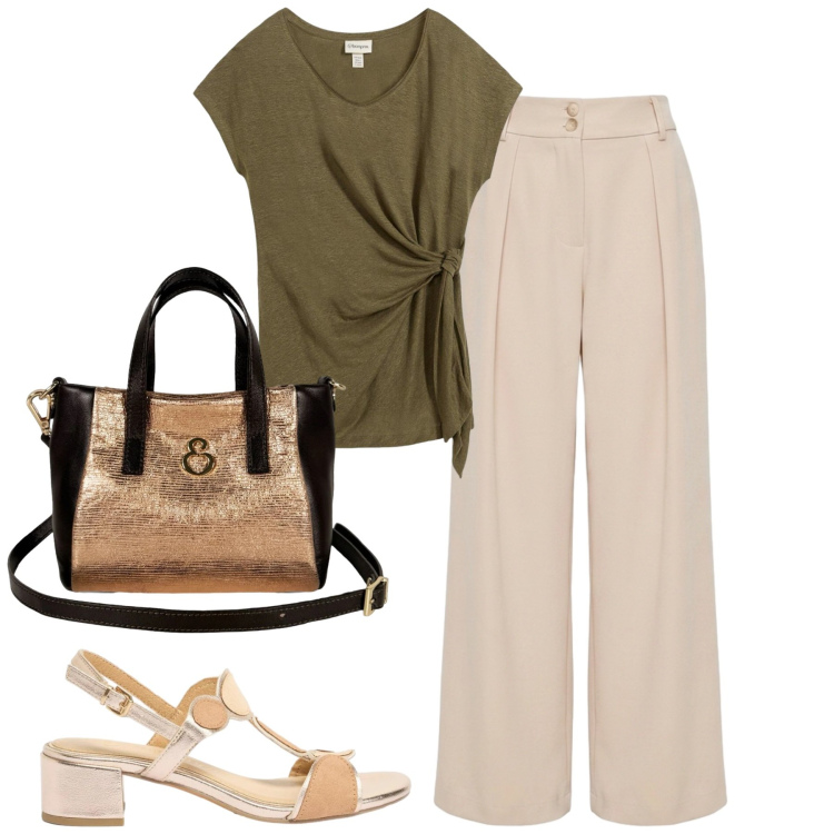 Outfit donna - Total look #2443506. Stile Casual chic per Tutti i giorni. Abbinamento con sandali col tacco, t-shirt, pantaloni a palazzo, borse a mano.