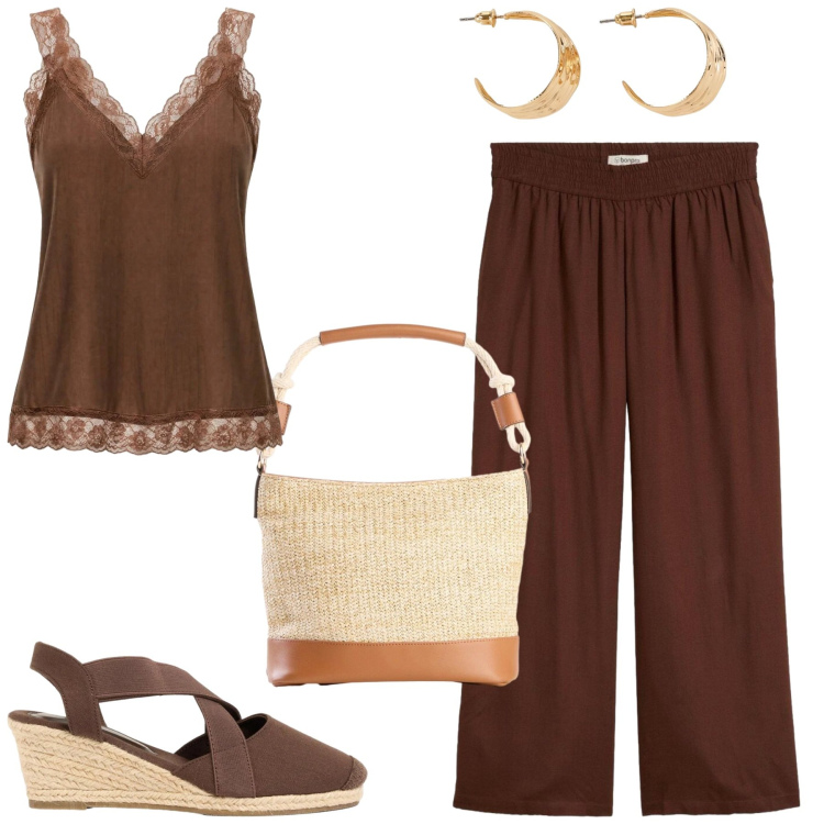 Outfit donna - Total look #2443511. Stile Casual chic per Tutti i giorni. Abbinamento con orecchini, borse a mano, zeppe, pantaloni, canottiere.