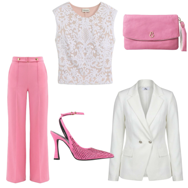 Outfit donna - La vie en rose. Stile Casual chic Abbinamento con décolleté, canottiere, blazer, pantaloni a palazzo, pochette.