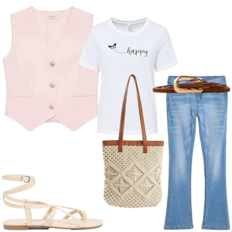Outfit donna - Boho in estate. Stile Boho per Tutti i giorni. Abbinamento con t-shirt, jeans bootcut, cinture, sandali, shopping bag, gilet.