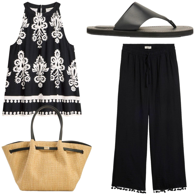 Outfit donna - Il completo da mettere in valigia. Stile Chic per Tutti i giorni. Abbinamento con top, pantaloni, infradito, shopping bag.