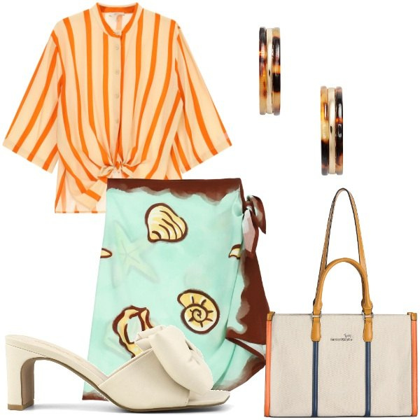 Outfit donna - pareo mania. Stile Glamour per Tutti i giorni. Abbinamento con camicie, minigonne, borse tote, orecchini, sandali col tacco.