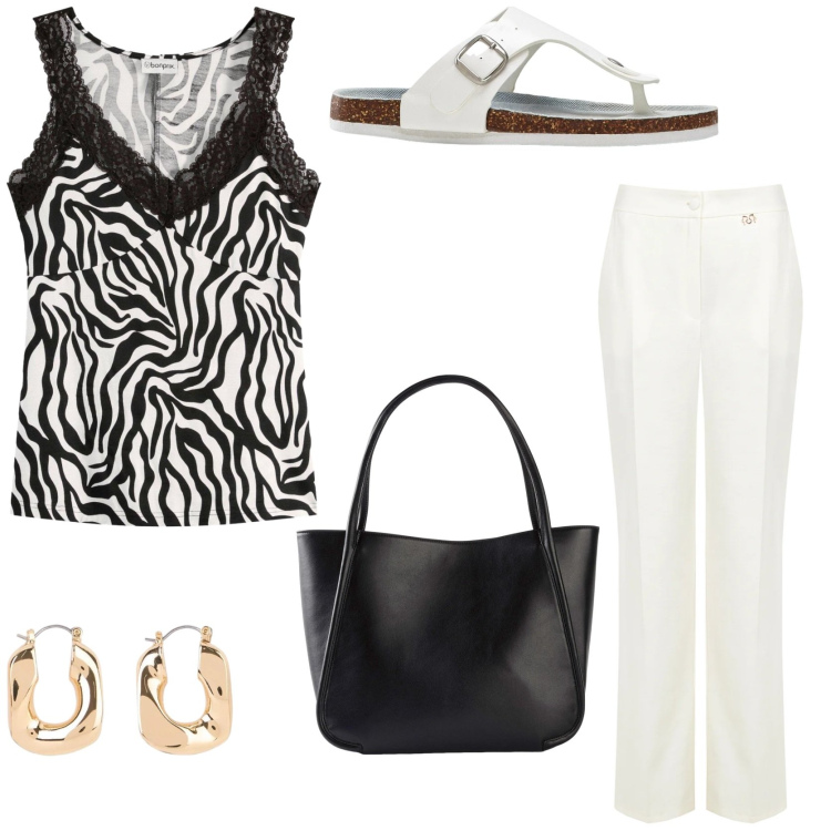 Outfit donna - Il top animalier evergreen. Stile Minimal per Tutti i giorni. Abbinamento con infradito, shopping bag, orecchini, top, pantaloni a palazzo.