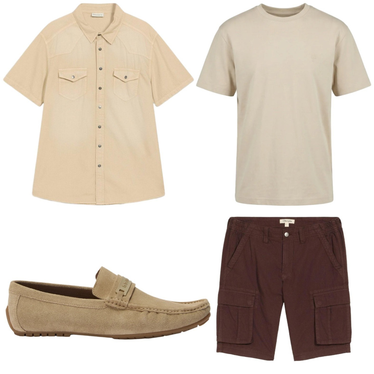 Outfit uomo - Look rilassato. Stile Trendy per Tutti i giorni. Abbinamento con bermuda, camicie a manica corta, scarpe stringate, t-shirt.