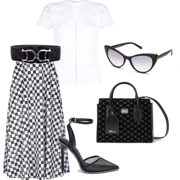 Outfit donna - Eleganza d’altri tempi. Stile Bon Ton per Tutti i giorni. Abbinamento con cinture, gonna lunga a trapezio senza tasche con stampa interno semi-foderato jersey, occhiali da sole lenti sfumate montatura in plastica, camicetta bianco, scarpe con borchie e tacco alto a punta in denim, borsa a mano con stampa effetto scamosciato con zip e tracolla regolabile nero e grigio.