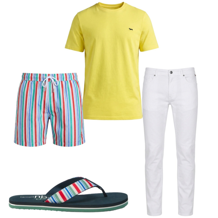 Outfit uomo - Total look #2443541. Stile Trendy per Mare. Abbinamento con t-shirt, pantaloni, sandali, costumi.