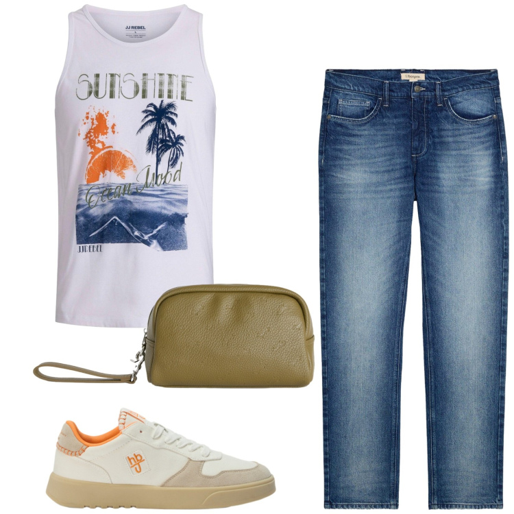 Outfit uomo - Total look #2443542. Stile Trendy per Tutti i giorni. Abbinamento con jeans dritti, canottiere, borse sportive, sneakers.