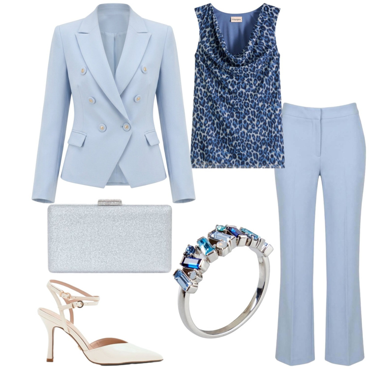 Outfit donna - Total look #2443545. Stile Bon Ton per Cerimonia. Abbinamento con anelli, top, décolleté, blazer, clutch, pantaloni.