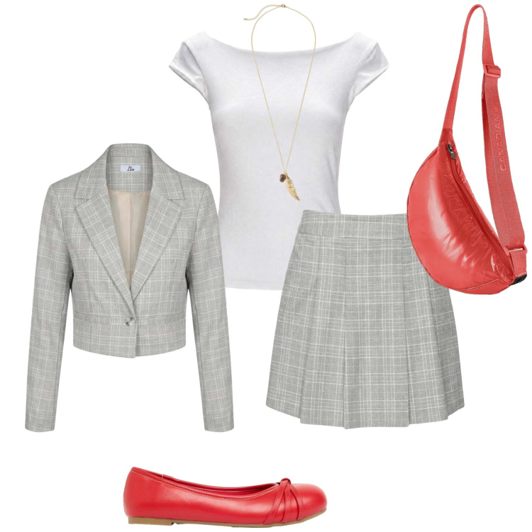 Outfit donna - Total look #2443546. Stile Preppy per Scuola/Università. Abbinamento con collane, ballerine, top, blazer, minigonne, borse a tracolla.