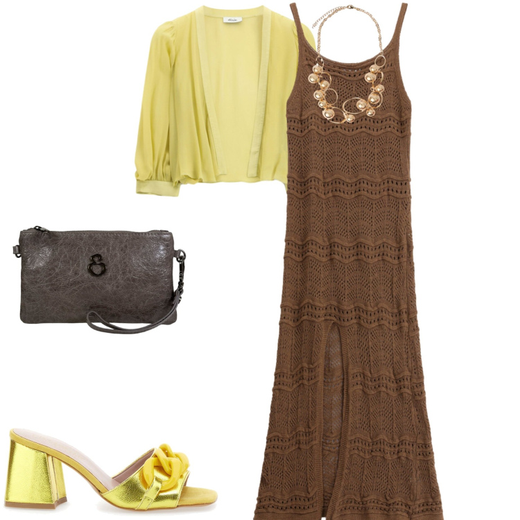 Outfit donna - Sunset gold. Stile Casual chic per Serata fuori. Abbinamento con vestiti lunghi, blazer, collane, pochette, sandali col tacco.