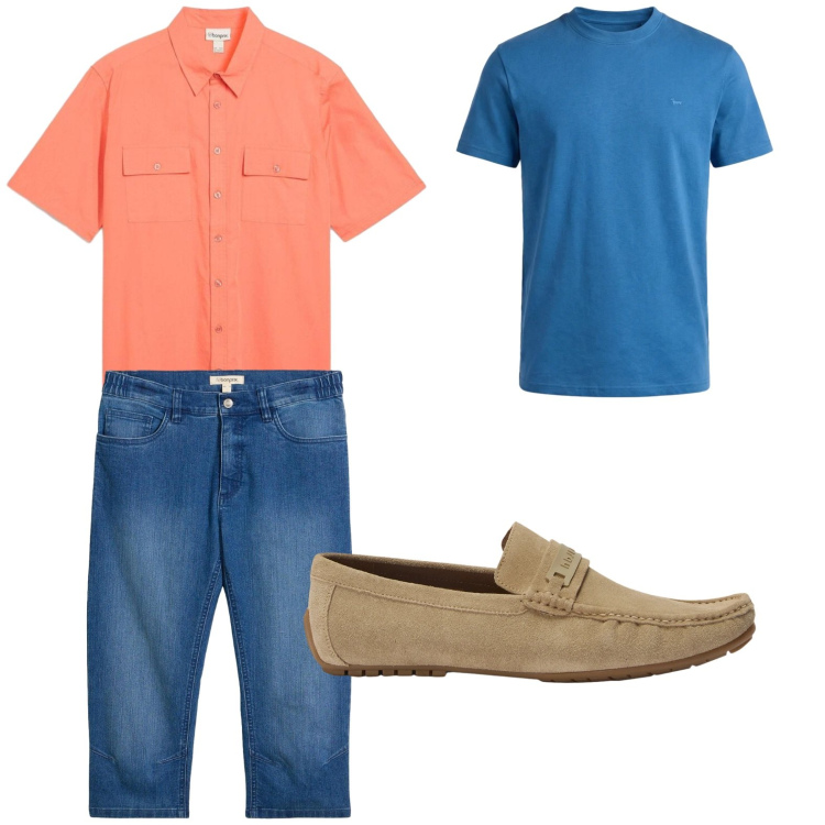 Outfit uomo - Urban. Stile Trendy per Tutti i giorni. Abbinamento con jeans slim fit, camicie a manica corta, t-shirt, scarpe stringate.