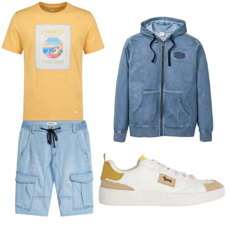 Outfit uomo - Trendy. Stile Trendy per Tutti i giorni. Abbinamento con felpe con cappuccio, bermuda, sneakers, t-shirt.