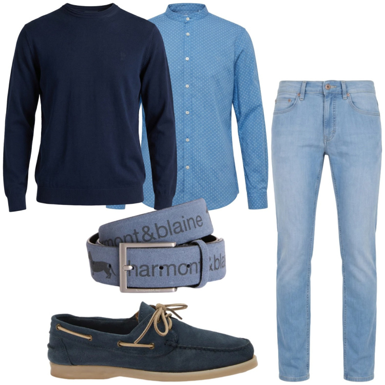 Outfit uomo - Tonalità blu. Stile Trendy per Tutti i giorni. Abbinamento con jeans, scarpe stringate, camicie, maglieria, cinture.