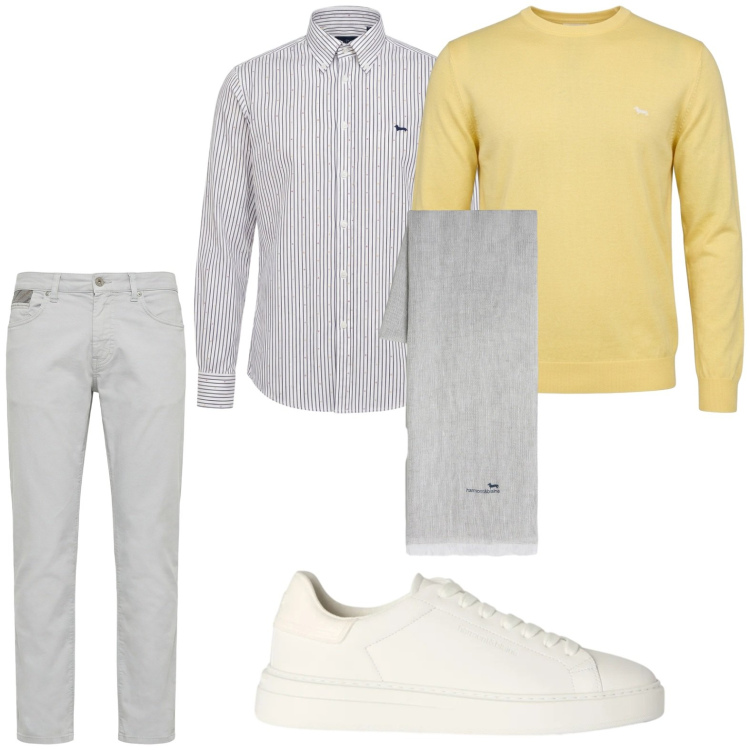 Outfit uomo - Touch yellow. Stile Trendy per Tutti i giorni. Abbinamento con pantaloni, sciarpe, camicie, pullovers, sneakers.
