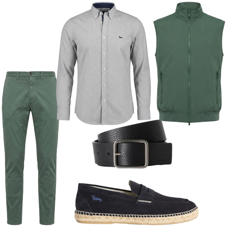 Outfit uomo - Appuntamento informale. Stile Casual per Tutti i giorni. Abbinamento con gilet, pantaloni chino, espadrillas, cinture, camicie.
