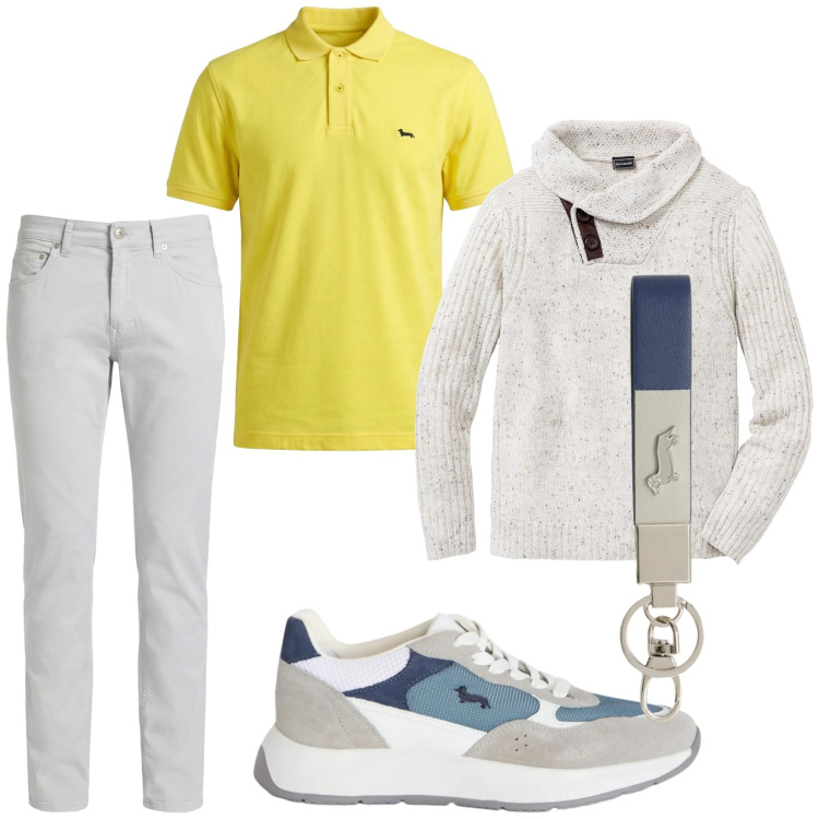 Outfit uomo - Sneakers colorata. Stile Trendy per Tutti i giorni. Abbinamento con maglieria, sneakers, portachiavi, pantaloni, polo.