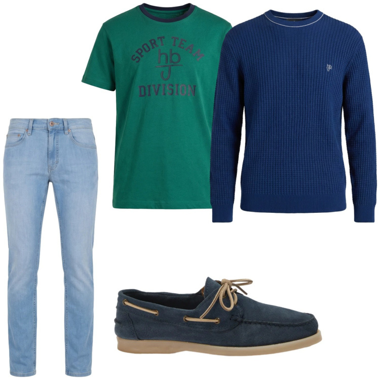 Outfit uomo - Stile unico. Stile Casual per Tutti i giorni. Abbinamento con jeans, scarpe stringate, t-shirt, maglieria.