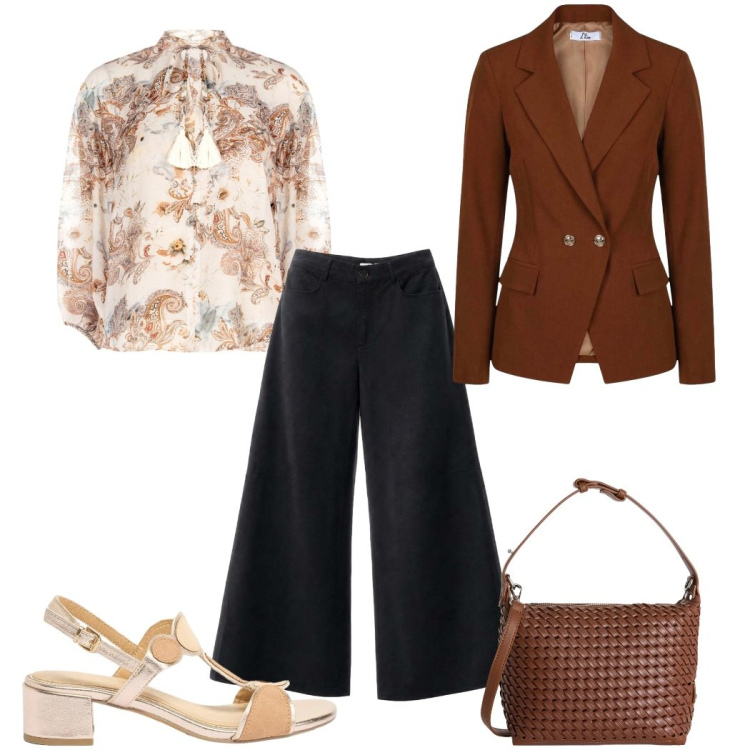 Outfit donna - Total look #2443561. Stile Trendy per Tutti i giorni. Abbinamento con sandali col tacco, blazer, pantaloni a palazzo, borse a spalla, bluse.