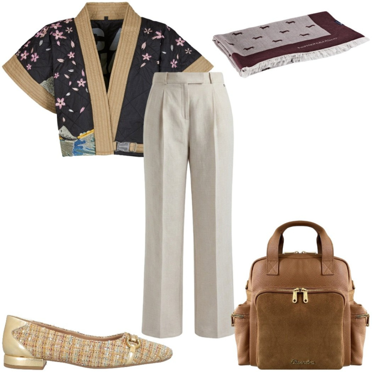 Outfit donna - Total look #2443562. Stile Trendy per Tutti i giorni. Abbinamento con ballerine, pantaloni, sciarpe, zaini, kimono.