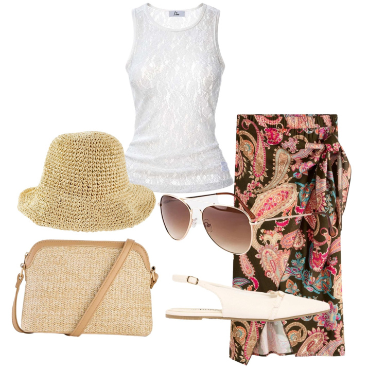 Outfit donna - Agosto. Stile Trendy per Mare. Abbinamento con cappelli, borse a tracolla, gonne longuette, ballerine, occhiali da sole, top.