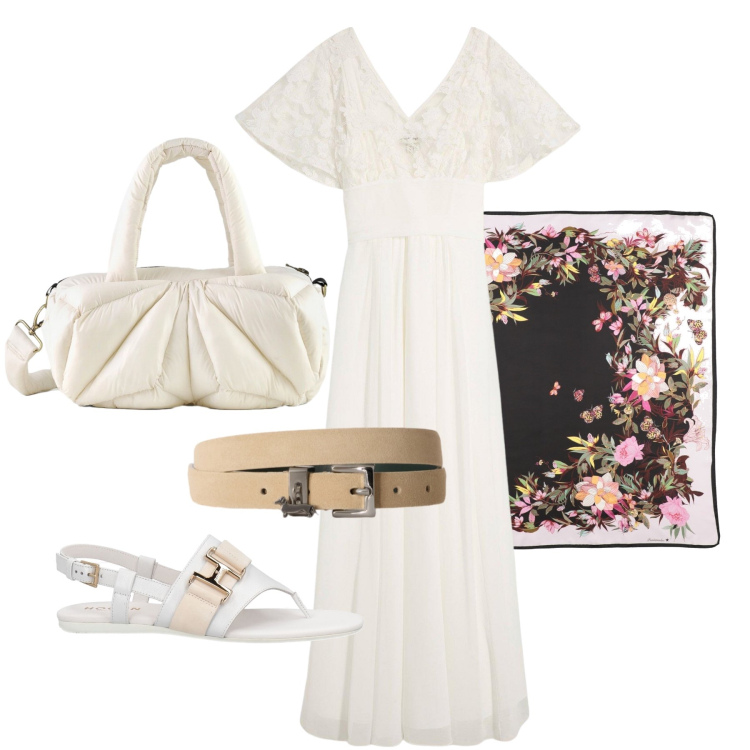 Outfit donna - Agosto. Stile Romantica per Tutti i giorni. Abbinamento con sciarpe, infradito, vestiti, cinture, borse a mano.