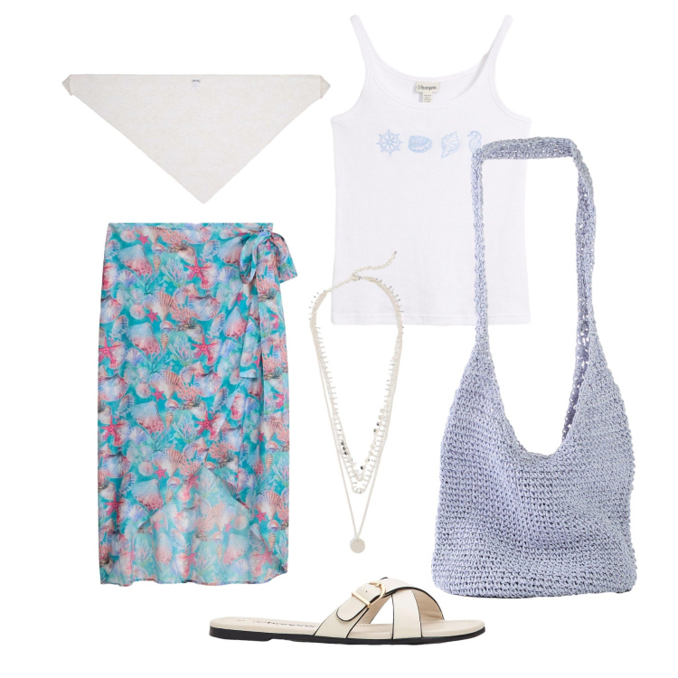 Outfit donna - Agosto. Stile Trendy per Mare. Abbinamento con ciabatte, shopping bag, collane, gonne, canottiere, foulard.