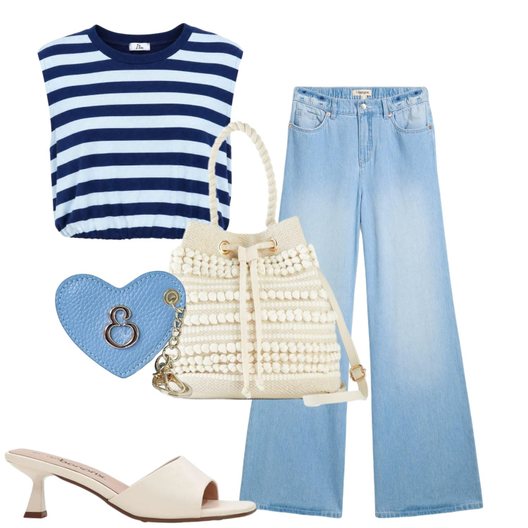 Outfit donna - Luglio. Stile Casual chic per Tutti i giorni. Abbinamento con jeans, sandali, borse a secchiello, top, portachiavi.