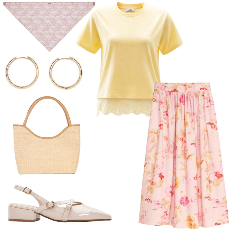 Outfit donna - Total look #2443574. Stile Vintage retrò per Tutti i giorni. Abbinamento con décolleté, orecchini, gonne lunghe, shopping bag, foulard, t-shirt.