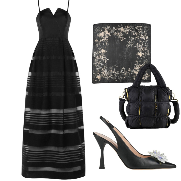 Outfit donna - serata. Stile Chic per Serata fuori. Abbinamento con décolleté, sciarpe, vestiti lunghi, borse a mano.