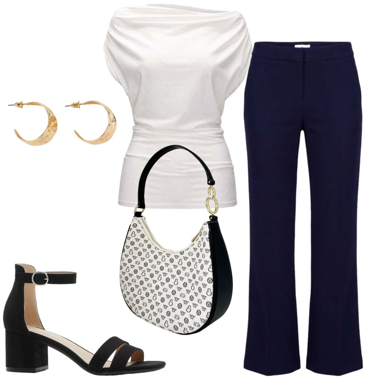 Outfit donna - Total look #2443576. Stile Chic per Ufficio. Abbinamento con orecchini, sandali col tacco, pantaloni, top, borse a spalla.