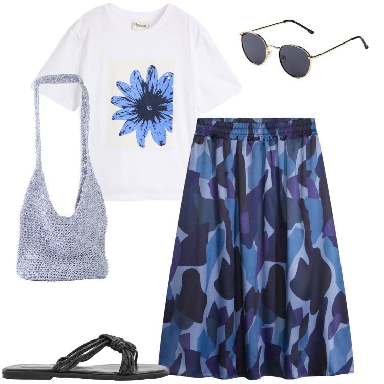 Outfit donna - Agosto. Stile Casual chic per Tutti i giorni. Abbinamento con occhiali da sole, t-shirt, shopping bag, gonne, sandali.