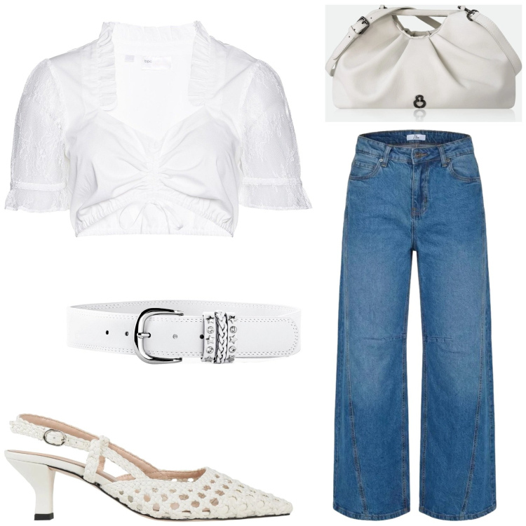 Outfit donna - Jeans e camicia bianca combo chic. Stile Chic per Tutti i giorni. Abbinamento con décolleté, camicie, cinture, jeans, clutch.