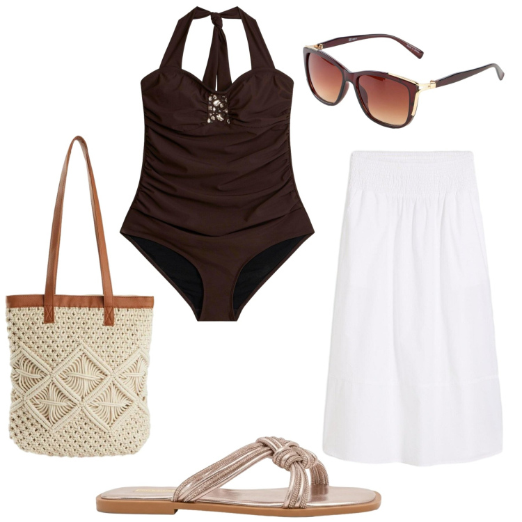 Outfit donna - Total look #2443588. Stile Glamour per Mare. Abbinamento con gonne longuette, occhiali da sole, costumi interi, shopping bag, sandali.