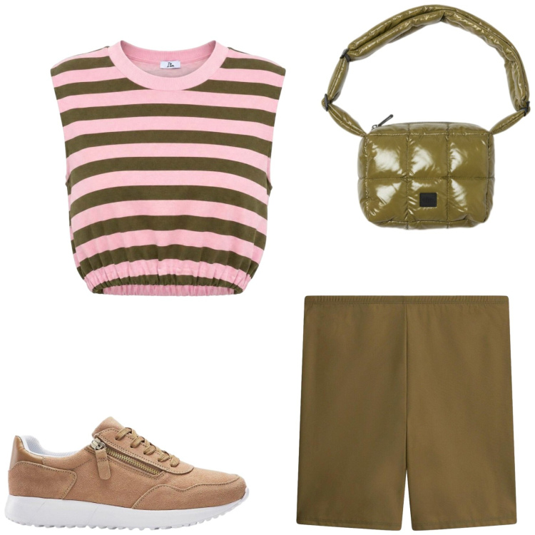Outfit donna - Total look #2443589. Stile Casual per Tutti i giorni. Abbinamento con pantaloni corti, sneakers, top, borse a spalla.