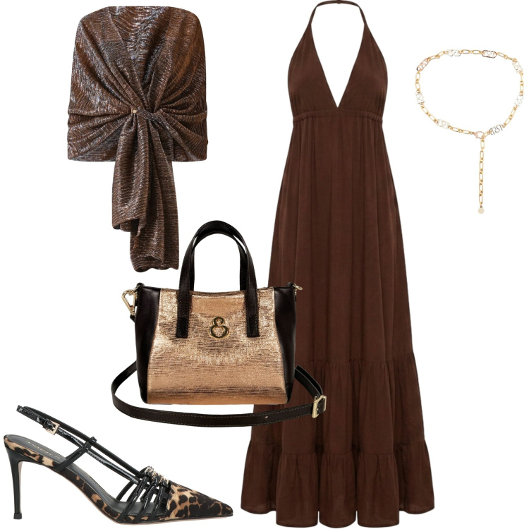 Outfit donna - Serata. Stile Minimal per Serata fuori. Abbinamento con décolleté, stole, cinture, vestiti lunghi, borse a mano.