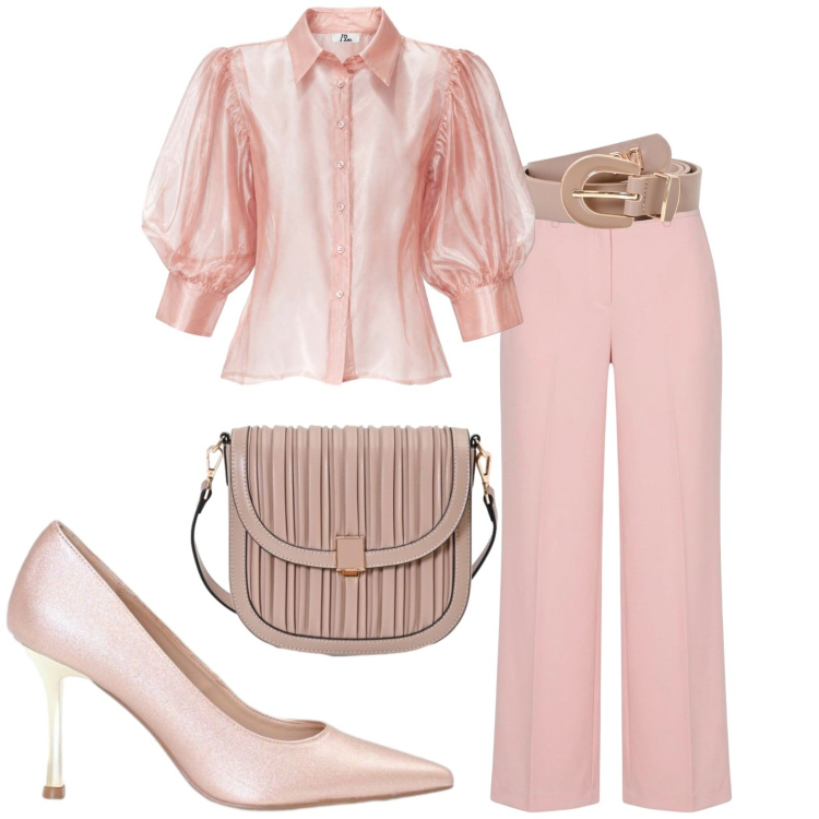 Outfit donna - Serata. Stile Casual chic per Serata fuori. Abbinamento con borse a tracolla, cinture, décolleté, camicie a manica corta, pantaloni a palazzo.