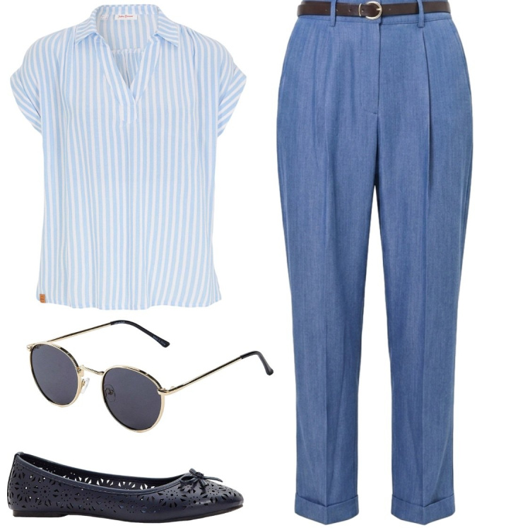 Outfit donna - PANTALONE BLU IN LYOCELL #rinascimento. Stile Chic per Ufficio. Abbinamento con ballerine, bluse, occhiali da sole, pantaloni.