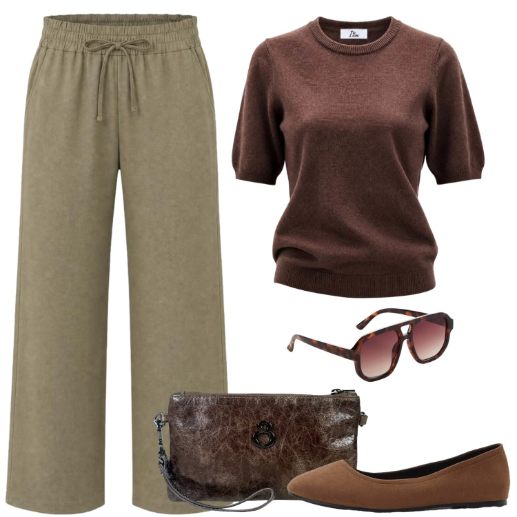 Outfit donna - Cioccolato. Stile Casual per Scuola/Università. Abbinamento con occhiali da sole, ballerine, pantaloni, maglieria, pochette.
