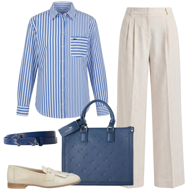 Outfit donna - Panna e blu. Stile Mannish per Ufficio. Abbinamento con mocassini, pantaloni, camicie, cinture, borse a mano.