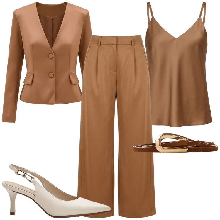 Outfit donna - Eventi. Stile Chic per Cerimonia. Abbinamento con décolleté, cinture, top, blazer, pantaloni a palazzo.