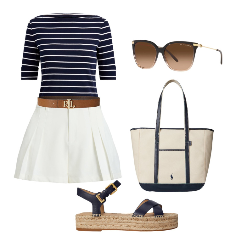 Outfit donna - Aperitivo mood Riviera. Stile Casual chic per Tutti i giorni. Abbinamento con occhiali da sole, cinture, borse tote, minigonne, espadrillas, t-shirt.