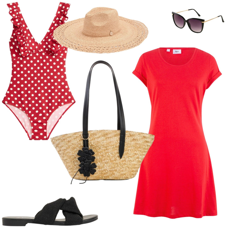 Outfit donna - Stilosa al mare. Stile Chic per Mare. Abbinamento con shopping bag, vestiti, sandali, costumi interi, occhiali da sole, cappelli.