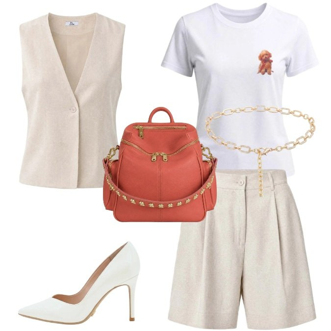 Outfit donna - Total look #2443622. Stile Casual per Ufficio. Abbinamento con cinture, décolleté, gilet, shorts, t-shirt, zaini.