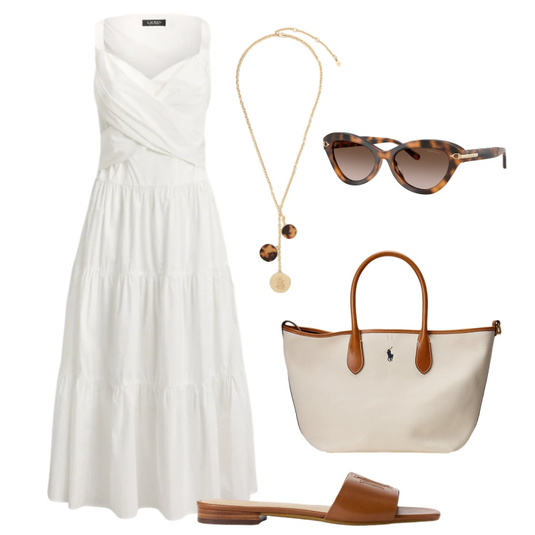 Outfit donna - Must have Holidays Time. Stile Casual chic per Tutti i giorni. Abbinamento con ciabatte, occhiali da sole, borse tote, collane, vestiti senza maniche.