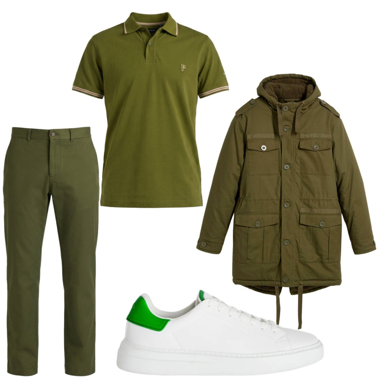 Outfit uomo - Total look #2443629. Stile Trendy per Tutti i giorni. Abbinamento con parka, pantaloni, polo, sneakers.