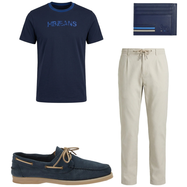 Outfit uomo - Luglio. Stile Casual per Tutti i giorni. Abbinamento con scarpe stringate, pantaloni, t-shirt, portafogli.
