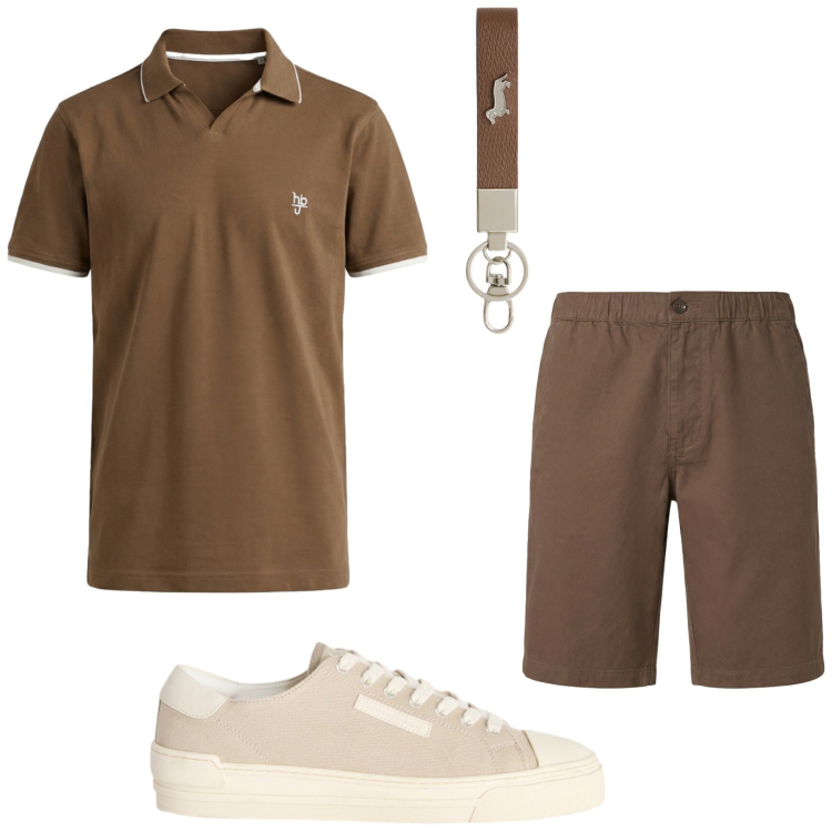 Outfit uomo - Luglio. Stile Casual per Tutti i giorni. Abbinamento con sneakers, polo, bermuda, portachiavi.
