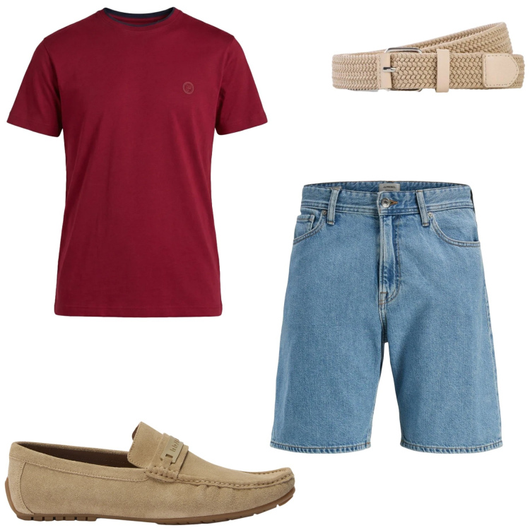 Outfit uomo - Luglio. Stile Casual per Tutti i giorni. Abbinamento con cinture, shorts, scarpe stringate, t-shirt.